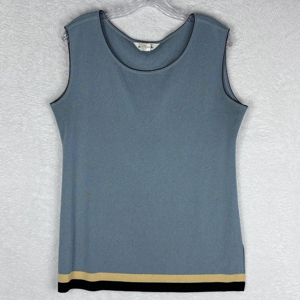 Exclusively Misook Women's‎ Vintage Blue; Black/Gold Stipes Knit Sleeveless Sz L
